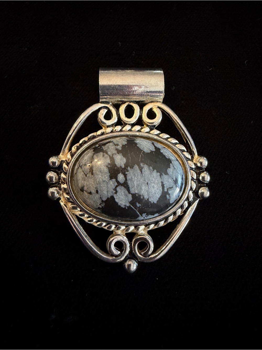 Silver-toned Snowflake Obsidian Pendant - Black and Silver